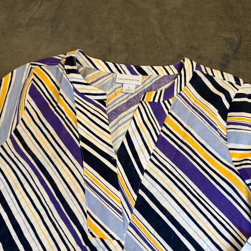 Liz Claiborne Violet Stripe Blouse Womens Small Multicolor Linen Blend Tunic NWT